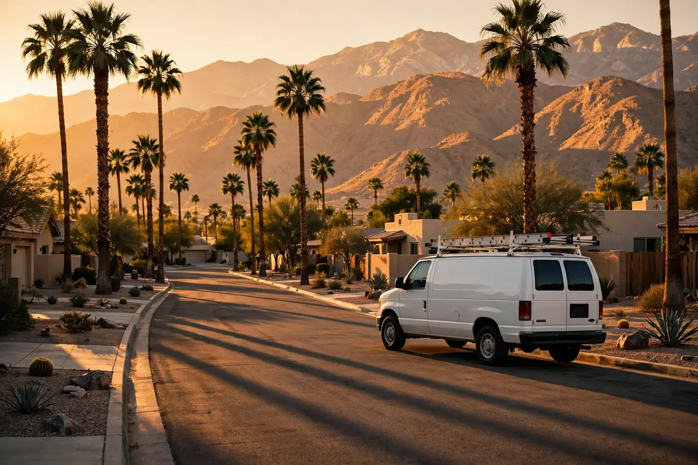 A work van on a desert street at golden hour, palm trees and mountains behind