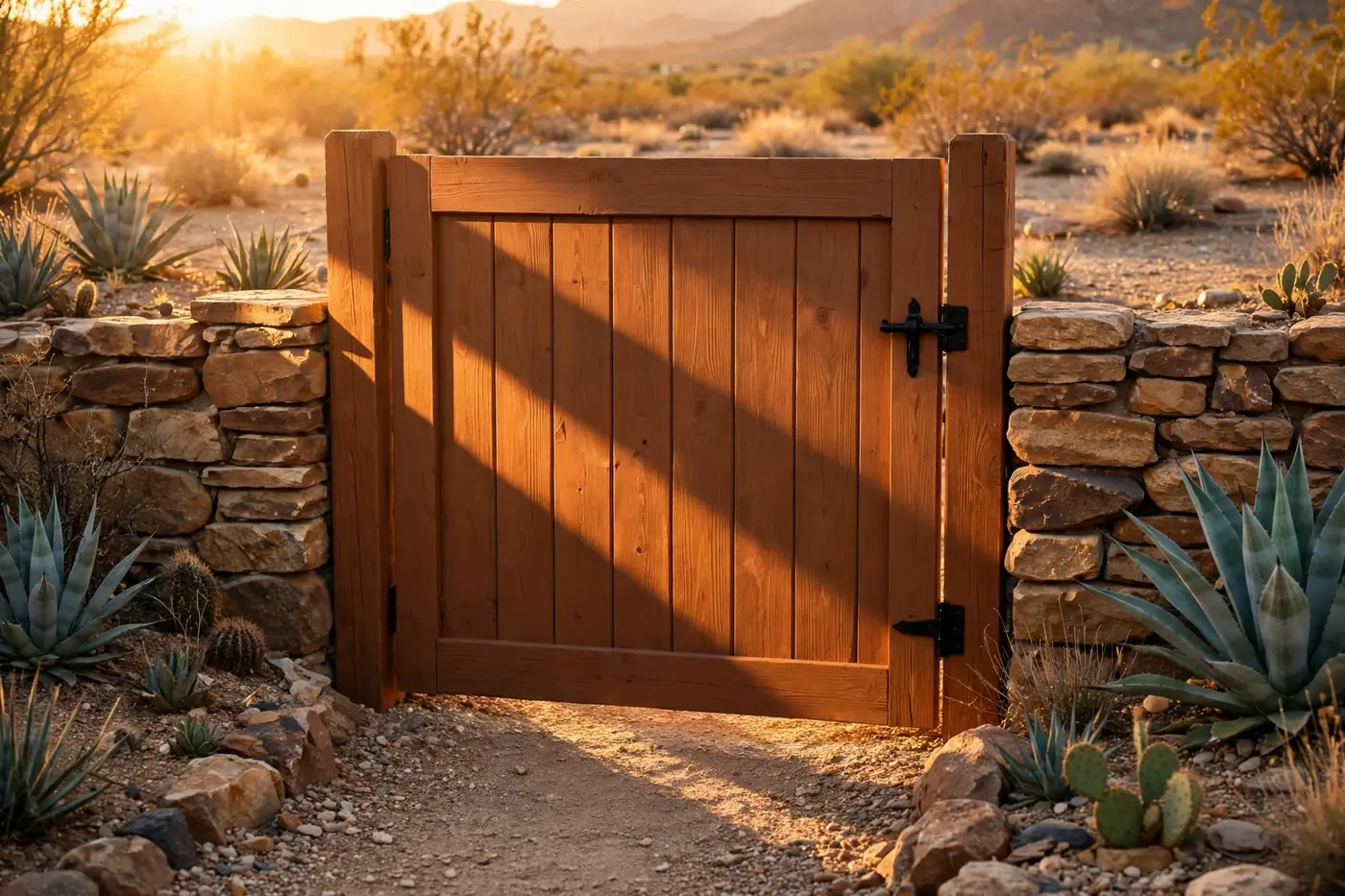A freshly painted wooden garden gate in warm evening light