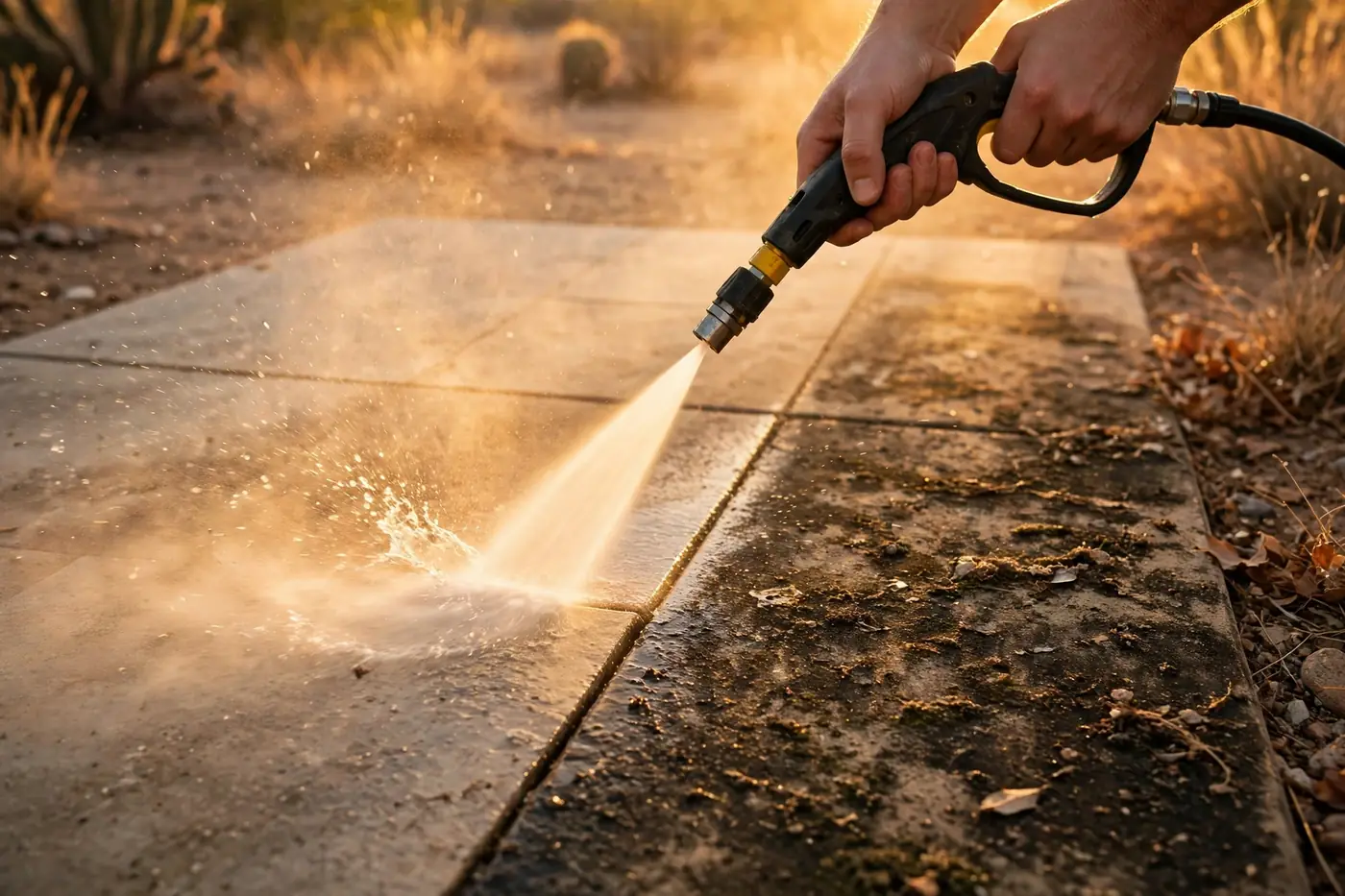 A pressure washer rinsing a stone patio clean in golden light