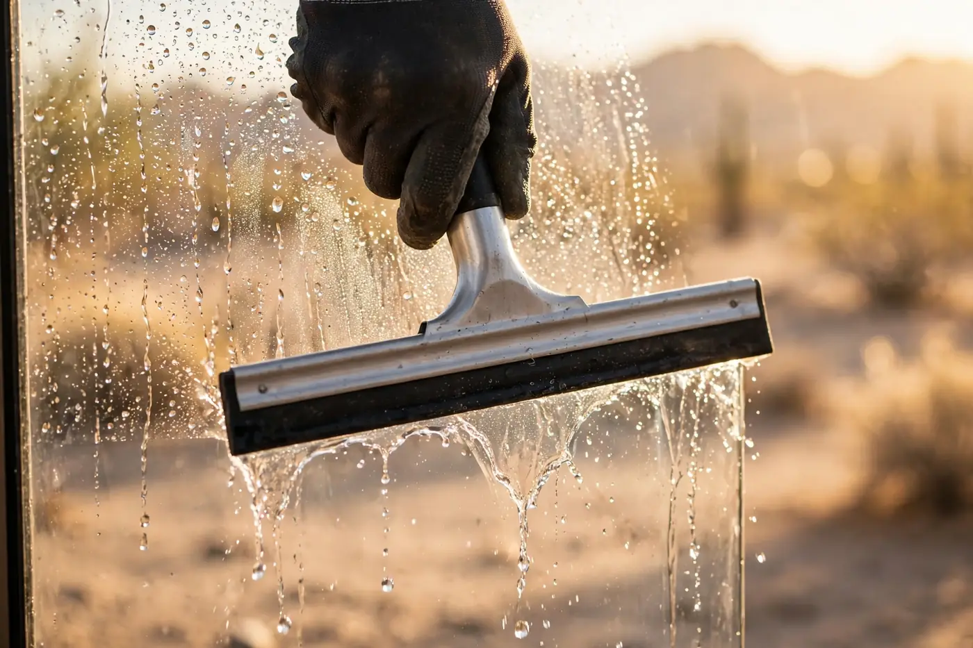 A squeegee pulling clean across a large window in bright daylight